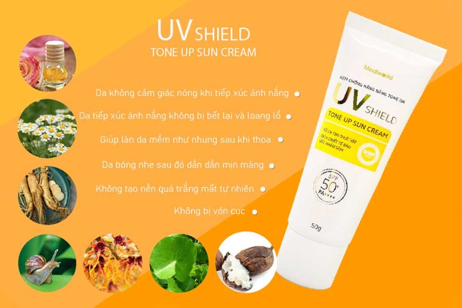 Kem chống nắng UV Shield Tone Up Sun Cream có thể sử dụng như một sản phẩm kem nền