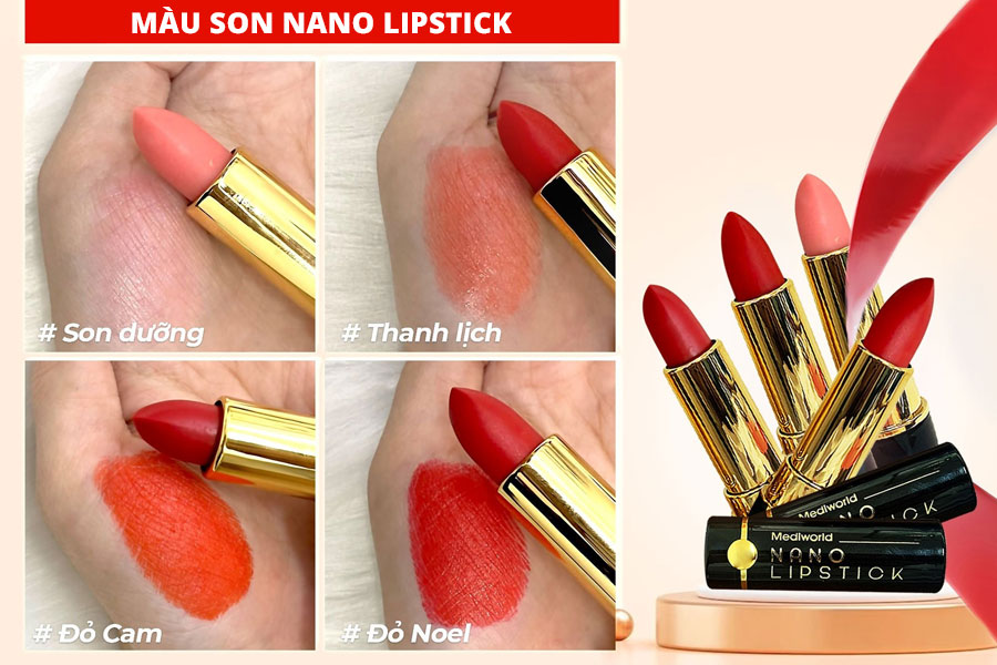 Son môi Nano Lipstick có 2 dòng sản phẩm gồm son dưỡng và son lì với 3 tone màu chính: Đỏ cam, Đỏ noel và Thanh lịch