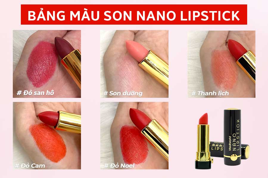 Son môi Nano Lipstick có 2 dòng sản phẩm gồm son dưỡng và son lì với 4 tone màu chính: Đỏ cam, Đỏ noel, Thanh lịch và Đỏ san hô